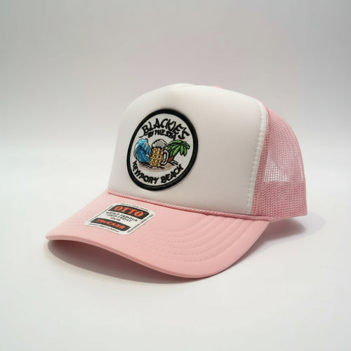 Polyester and nylon trucker hat featuring the Blackie's By the Sea emblem. Plastic adjustable snap. One size fits most.
