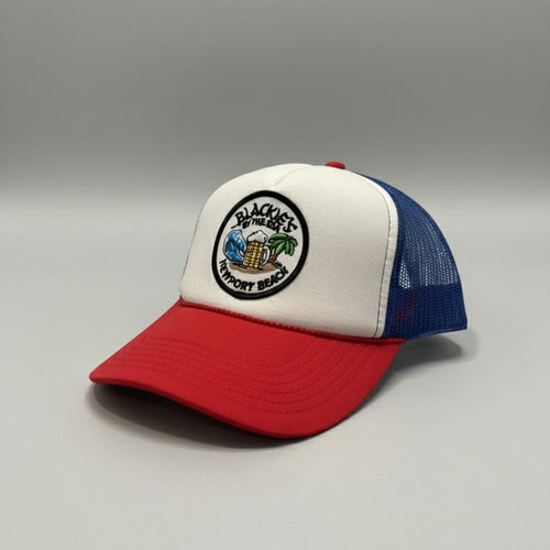 Polyester and nylon trucker hat featuring the Blackie's By the Sea emblem. Plastic adjustable snap. One size fits most.