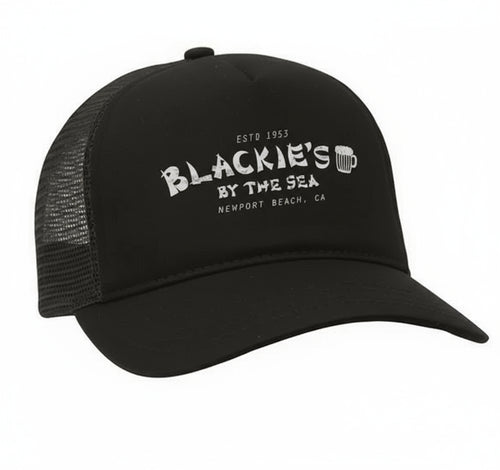Polyester and nylon trucker hat featuring the Blackie's By the Sea. Plastic adjustable snap. One size fits most.