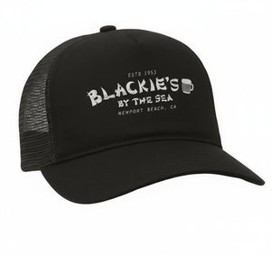 Polyester and nylon trucker hat featuring the Blackie's By the Sea. Plastic adjustable snap. One size fits most.