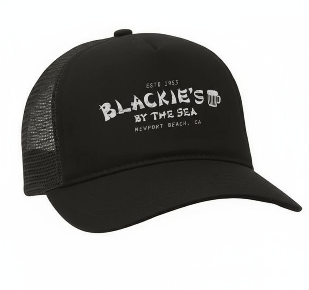 Polyester and nylon trucker hat featuring the Blackie's By the Sea. Plastic adjustable snap. One size fits most.