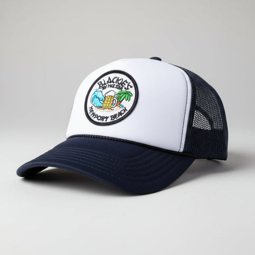 Polyester and nylon trucker hat featuring the Blackie's By the Sea emblem. Plastic adjustable snap. One size fits most.