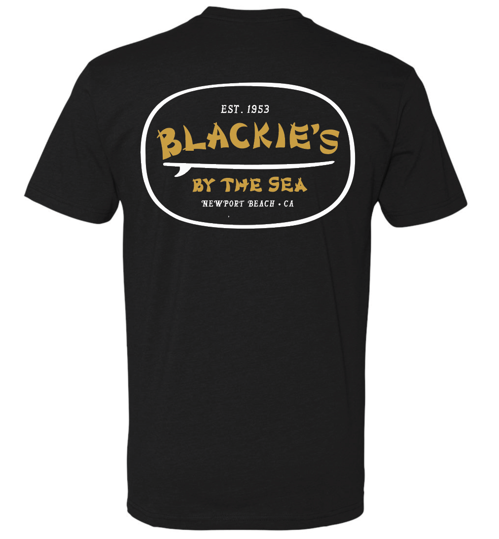 Black Surfboard Tee Gold Logo – Blackie's By The Sea